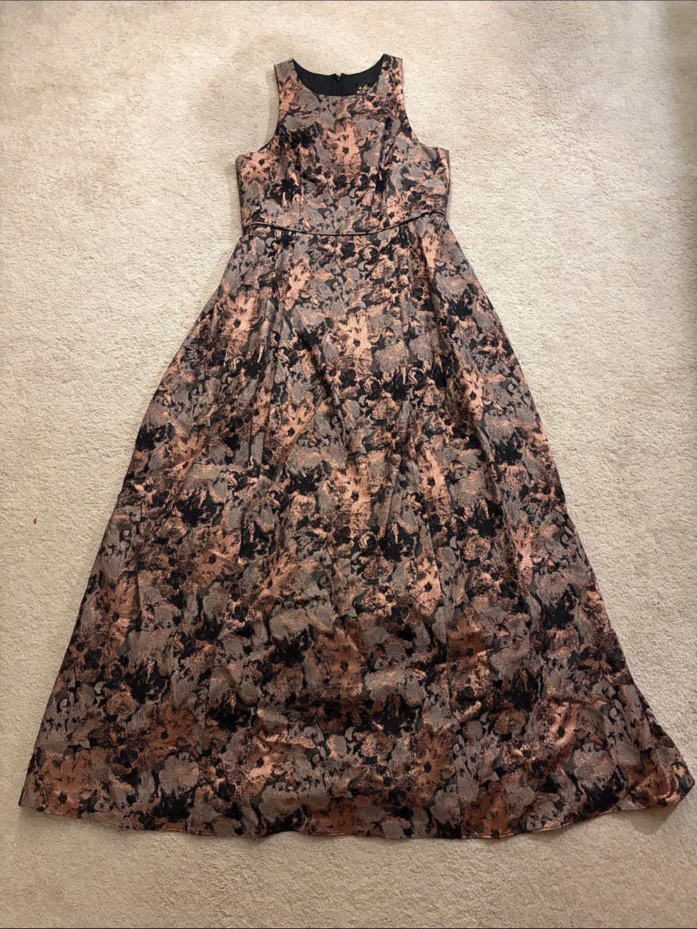 Johnny Was Bronze and Black Floral Jacquard Maxi Dress with layers of crinoline